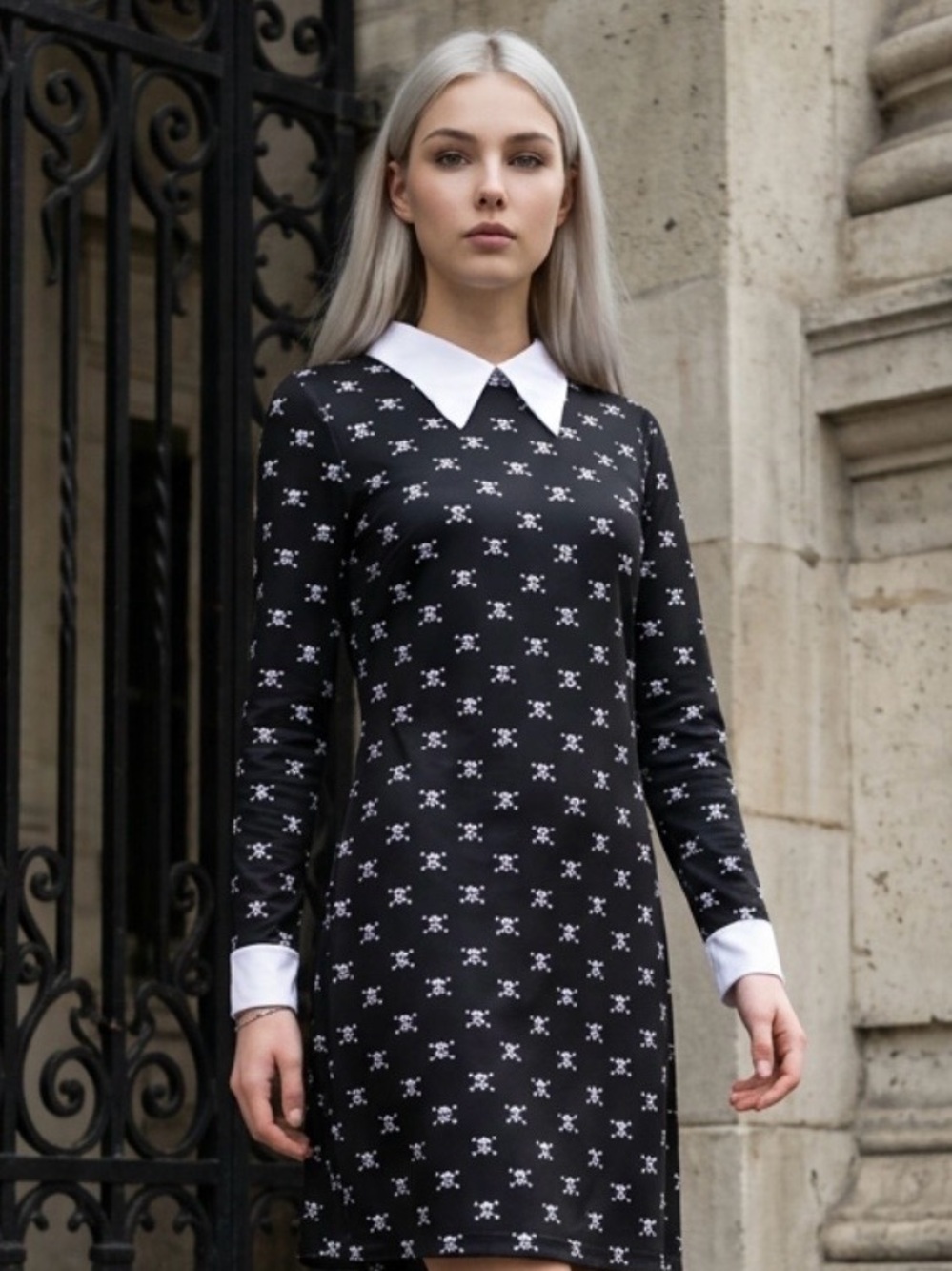 Halloween Costume | Wednesday Addams Skull-Print Long-Sleeve Dress